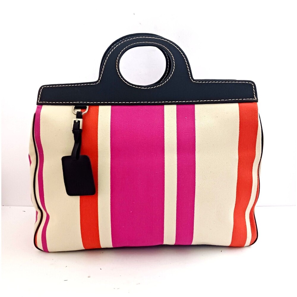 Donald J Pliner Top Handle Bag Fiesta Striped Canvas Brown Leather Trim